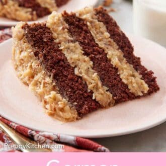 Pinterest graphic of a plate with a slice of German chocolate cake with a glass of milk beside it and another slice of cake in the background.