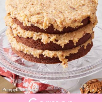 Pinterest graphic of a cake stand with a German chocolate cake with three cake layers with frosting in between each layer.
