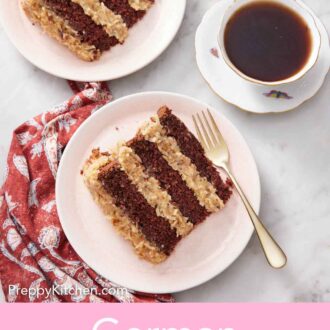 Pinterest graphic of an overhead view of two plates with slices of German chocolate cake along with a cup of coffee.