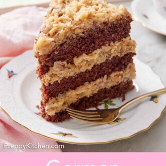 Pinterest graphic of a plate with a slice of German chocolate cake with a fork beside it.