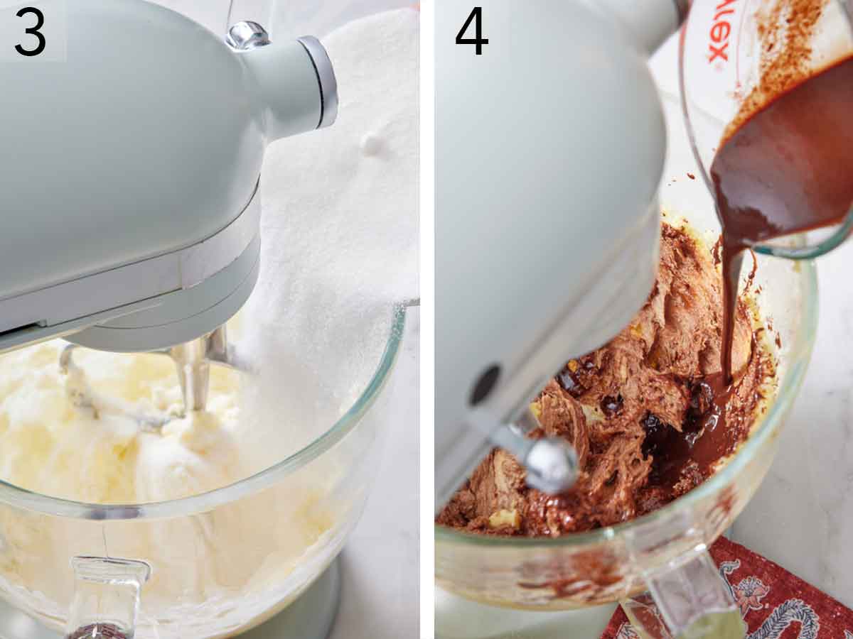 Set of two photos showing sugar added to a mixer with butter creamed and the cocoa mixture added.