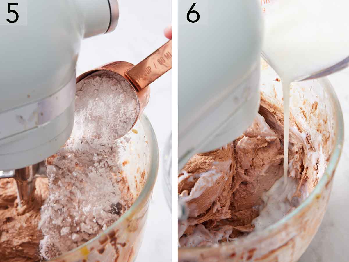 Set of two photos showing dry ingredients and milk added to the mixer.