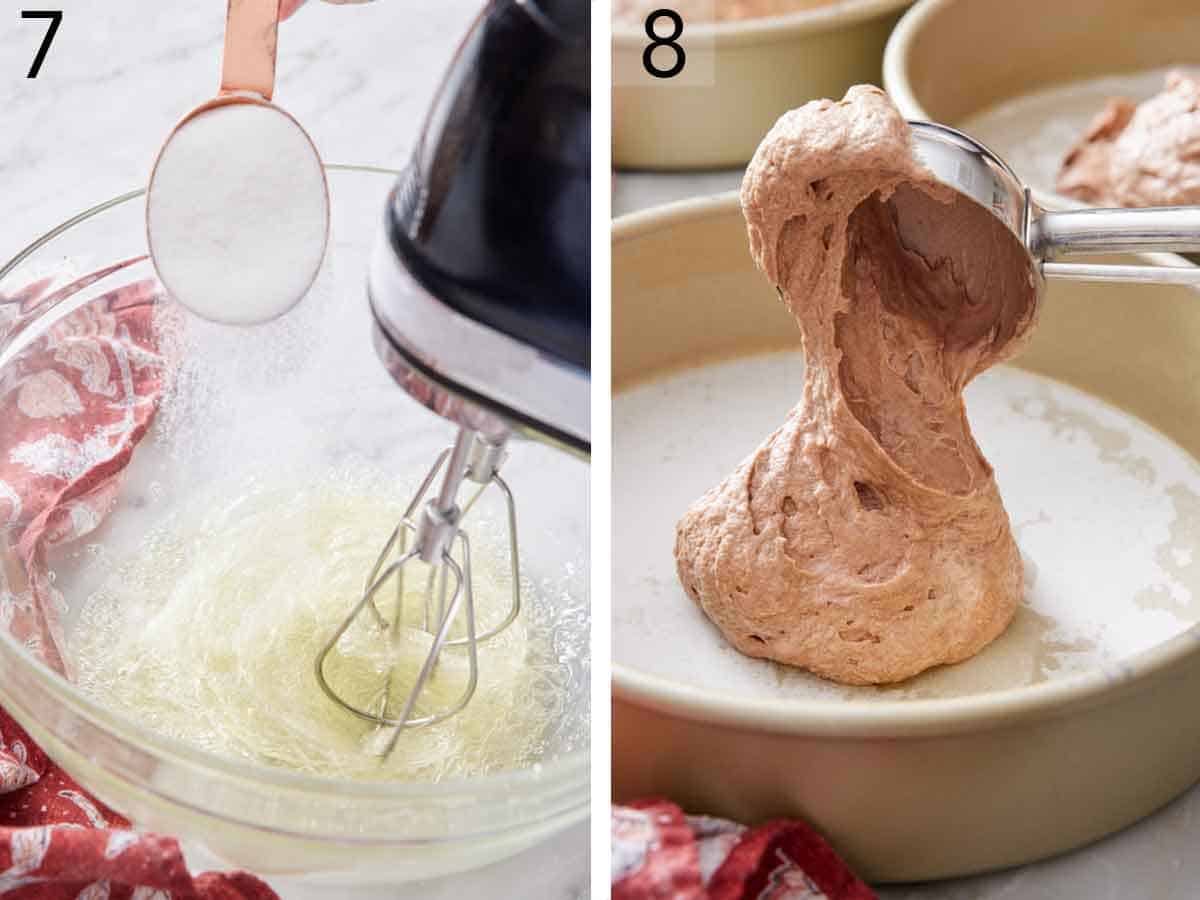 Set of two photos showing egg whites beat while sugar is added and cake batter scooped into a lined baking dish.