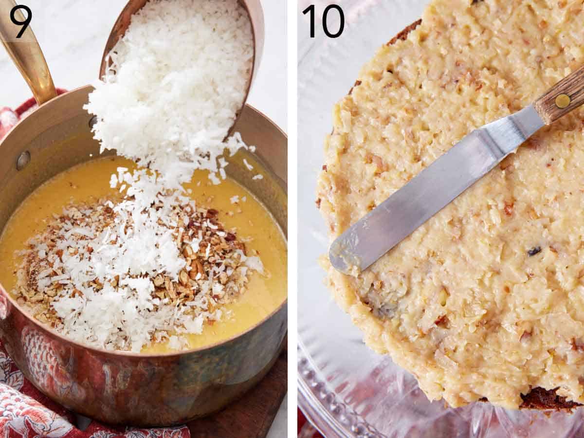 Set of two photos showing shredded coconut added to a saucepan of frosting and the cake frosted.