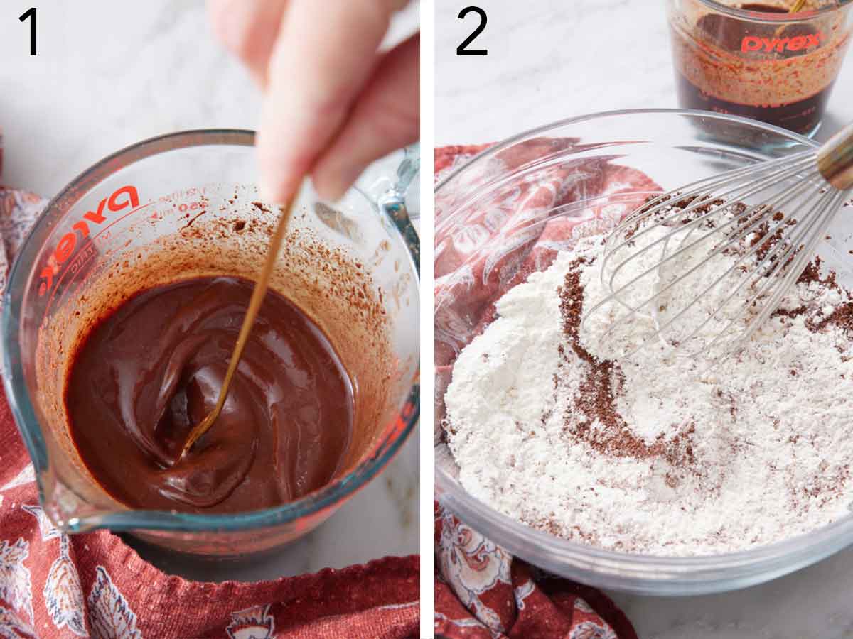 Set of two photos showing cocoa powder mixed with hot water and dry ingredients whisked.
