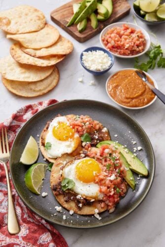 A plate with a serving of huevos rancheros along with lime wedges and avocado slices. Additional toppings in the background and more tortillas.