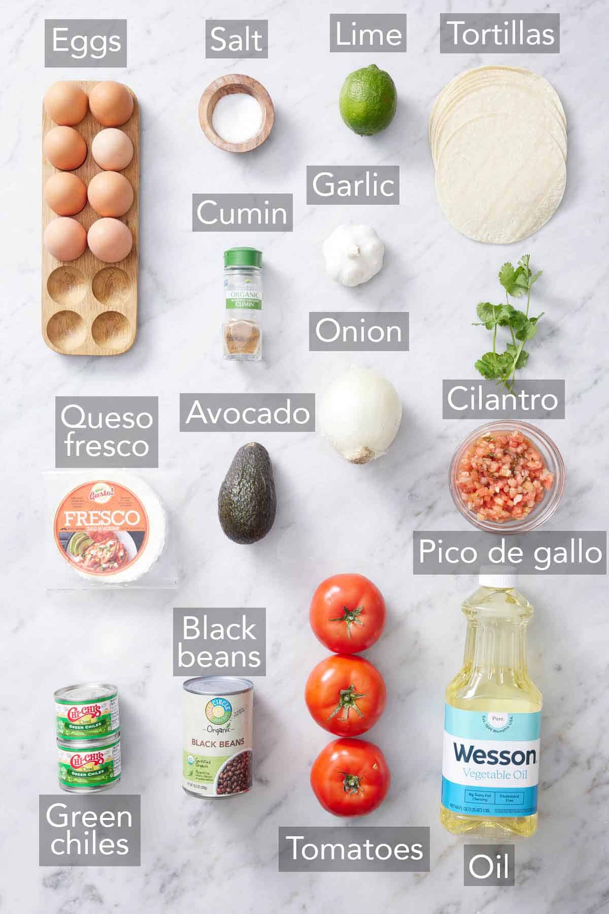 Ingredients needed to make huevos rancheros.
