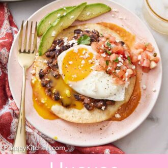 Pinterest graphic of a plate with huevos rancheros topped with cheese, pico de gallo, and sliced avocados. Egg yolk dripping down the dish.