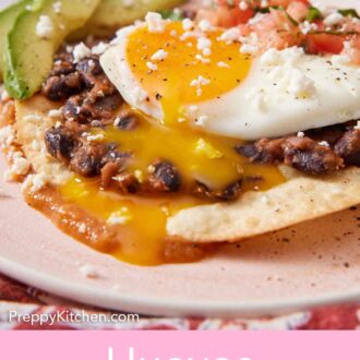 Pinterest graphic of the egg yolk of a huevos rancheros dripping down the rest of the ingredients.