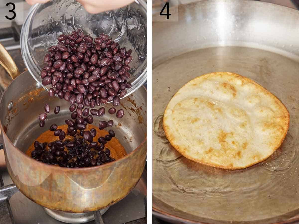 Set of two photos showing black beans added to a pot with the blended sauce and tortilla fried in a skillet of oil.