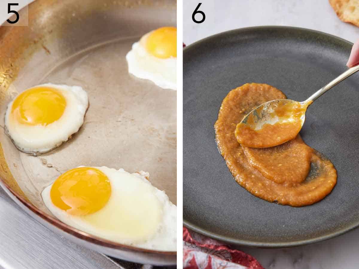 Set of two photos showing eggs fried in a skillet and sauce spread over a plate.
