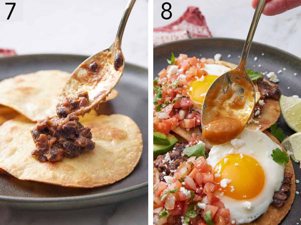 Set of two photos showing bean mixture added to fried tortillas and sauce spooned over the pico de gallo and fried eggs on the plate.