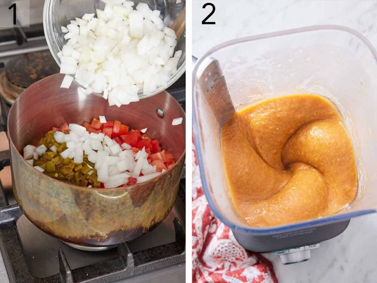 Set of two photos showing ingredients added to a pot then blended in a blender.