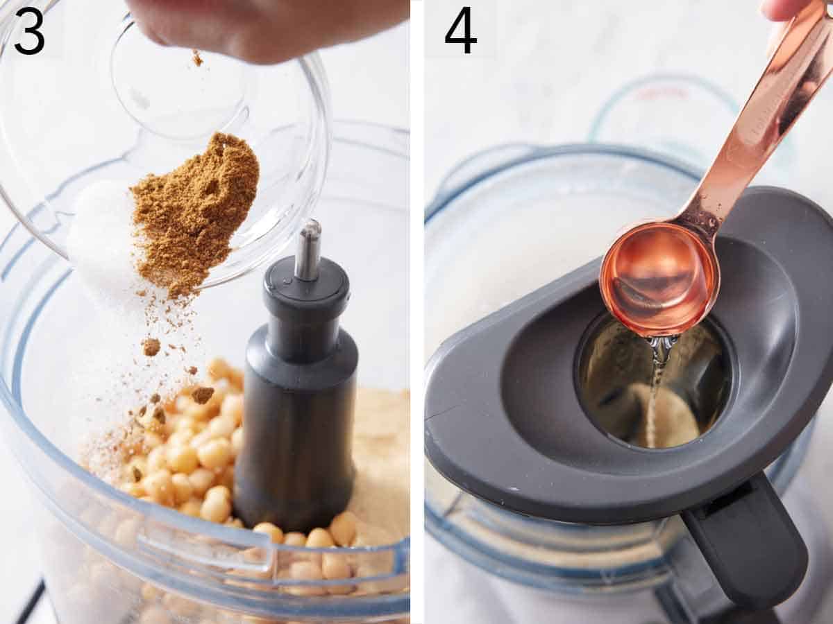 Set of two photos showing salt and cumin added to the food processor then water drizzled in.