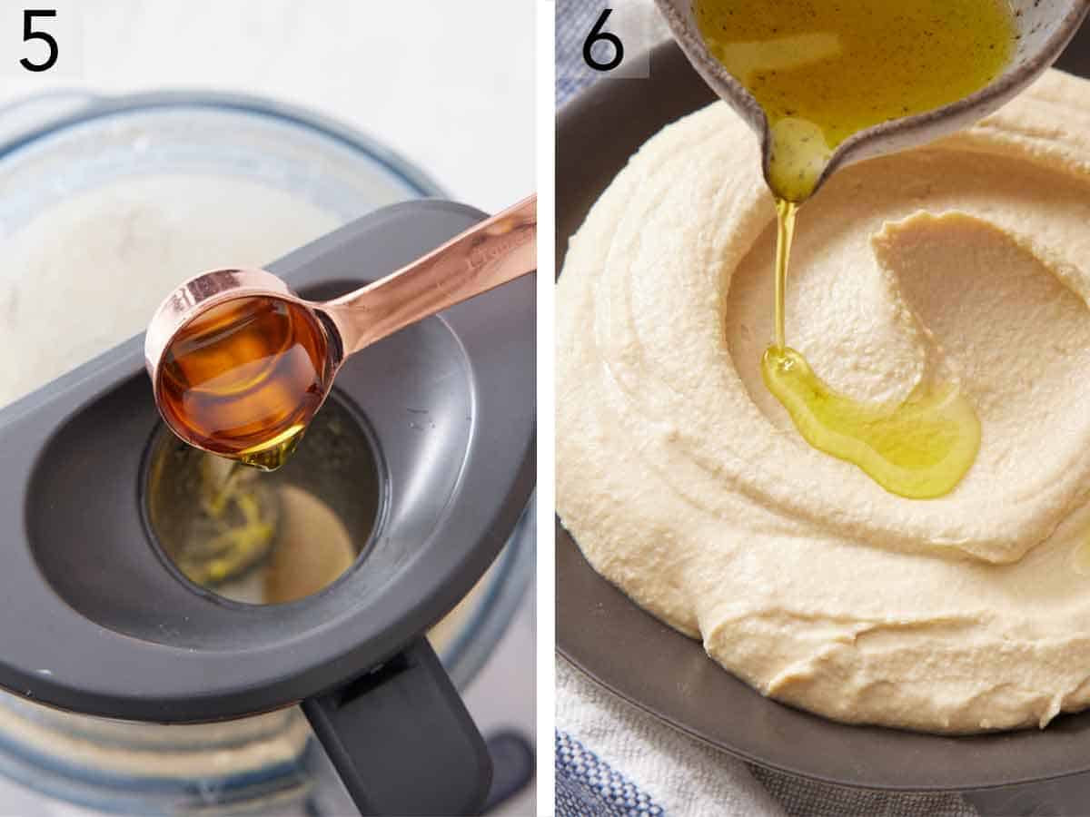 Set of two photos showing oil drizzled into the food processor then poured over a bowl of hummus.