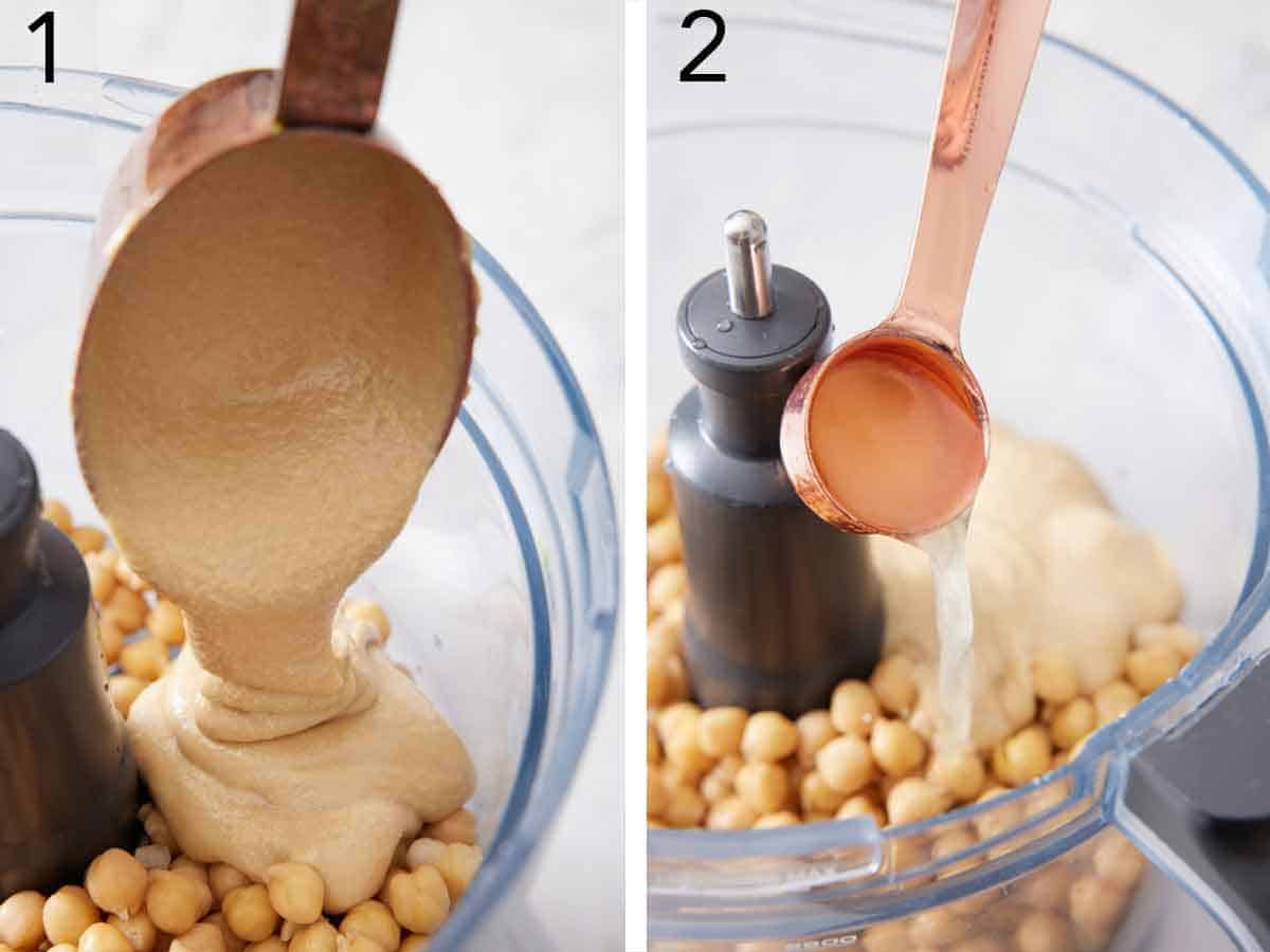 Set of two photos showing tahini and lemon juice added to a food processor with chickpeas.