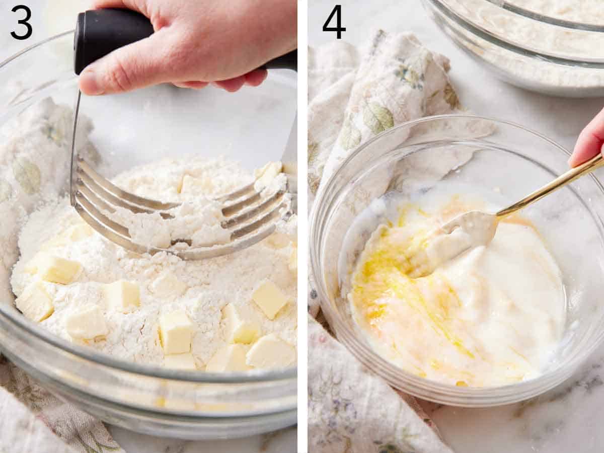 Set of two photos showing butter cut into the dry ingredients and egg mixture whisked.