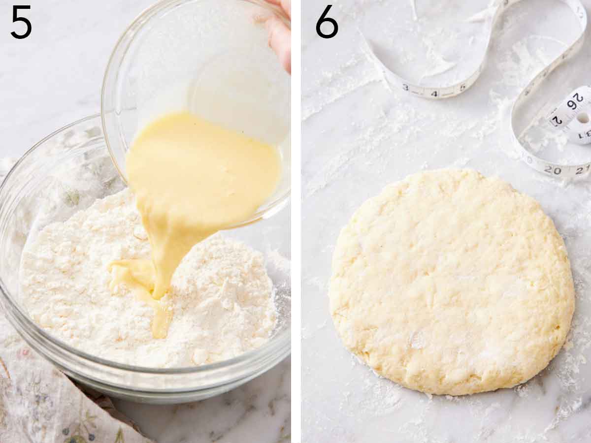 Set of two photos showing wet ingredients added to the dry and dough formed into a round disc.
