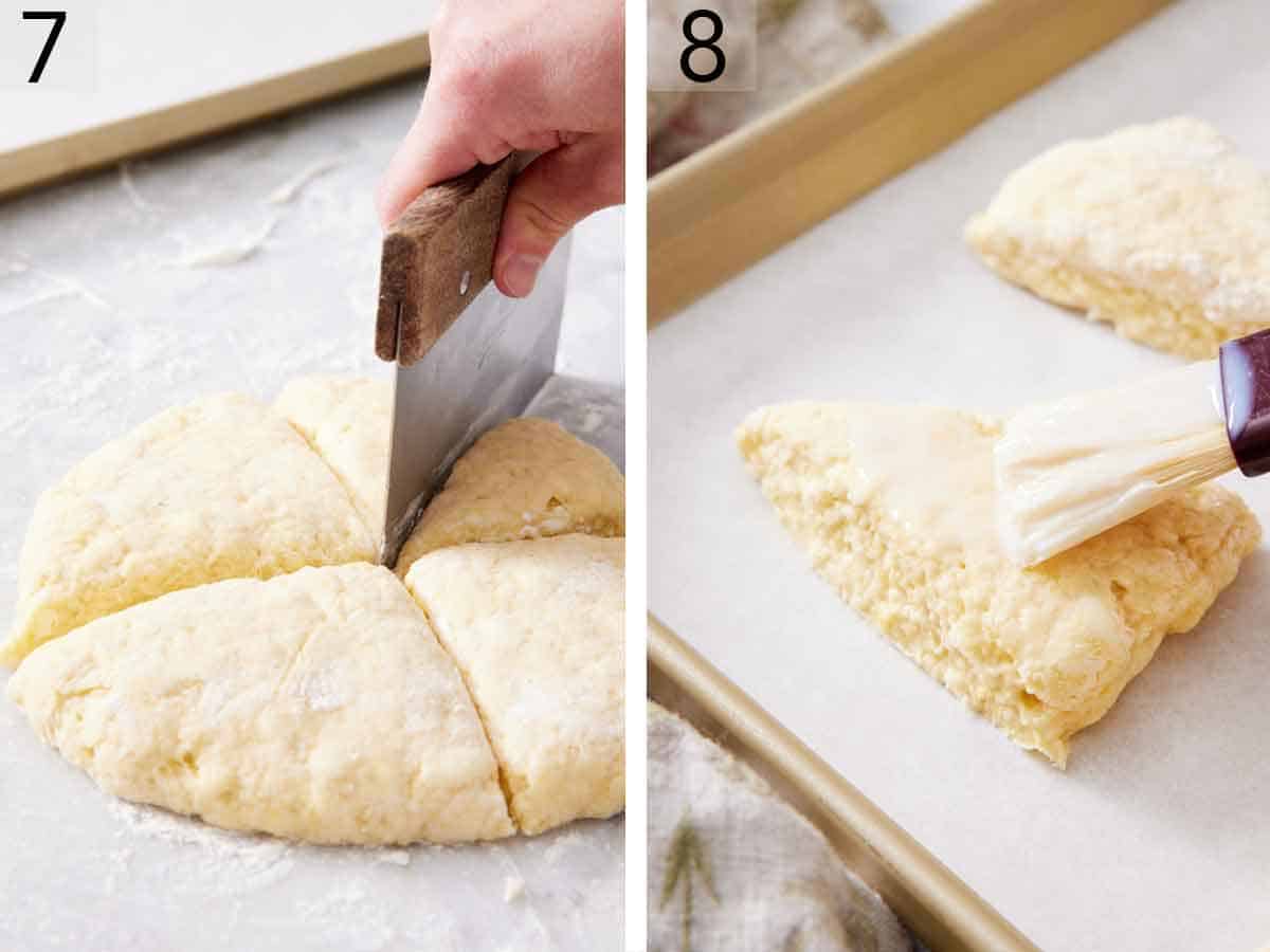 Set of two photos showing dough cut and brushed with buttermilk.