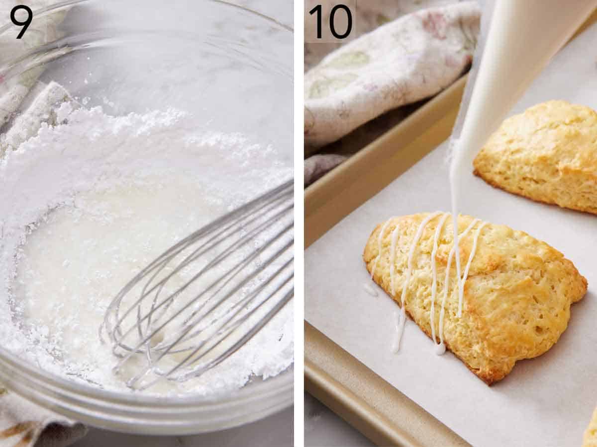 Set of two photos showing icing ingredients whisked and drizzled over the scones.