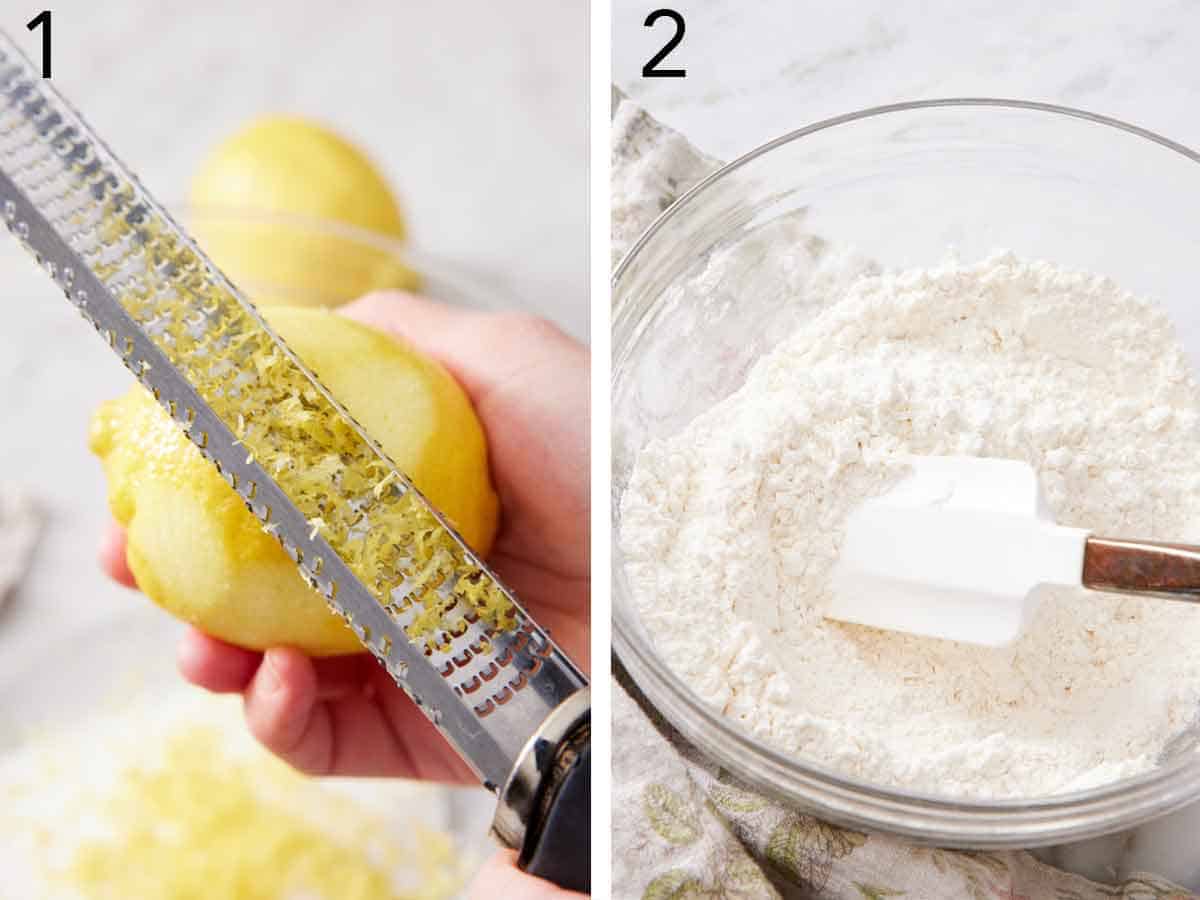 Set of two photos showing a lemon zested and dry ingredients mixed in a bowl.