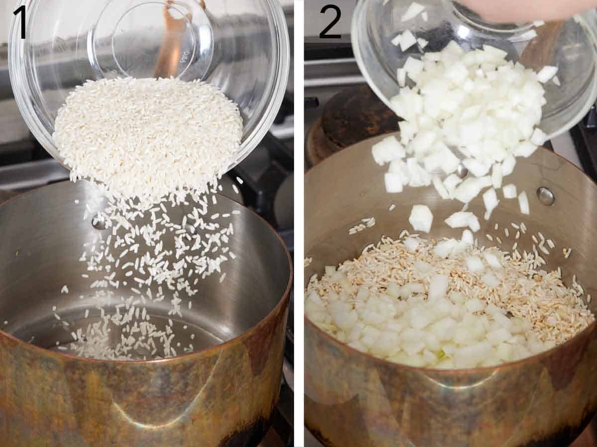 Set of two photos showing rice and onions added to a pot.