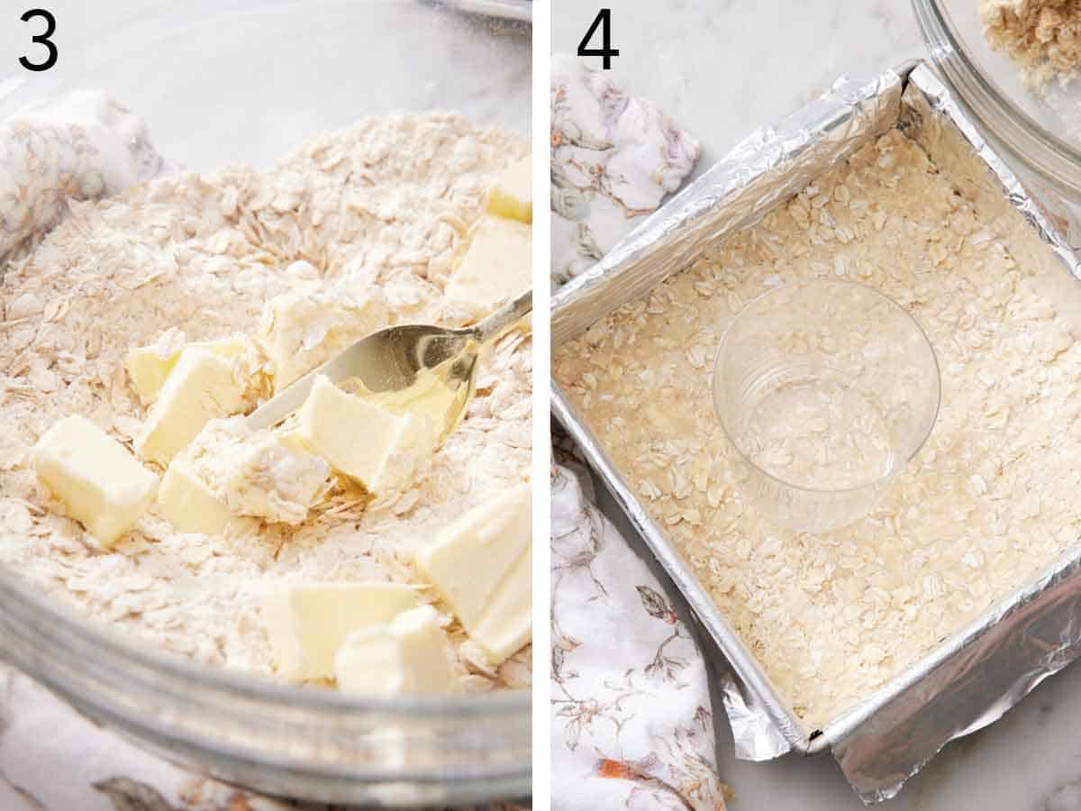 Set of two photos showing butter added to the bowl of dry ingredients and then pressed into a lined square baking pan.