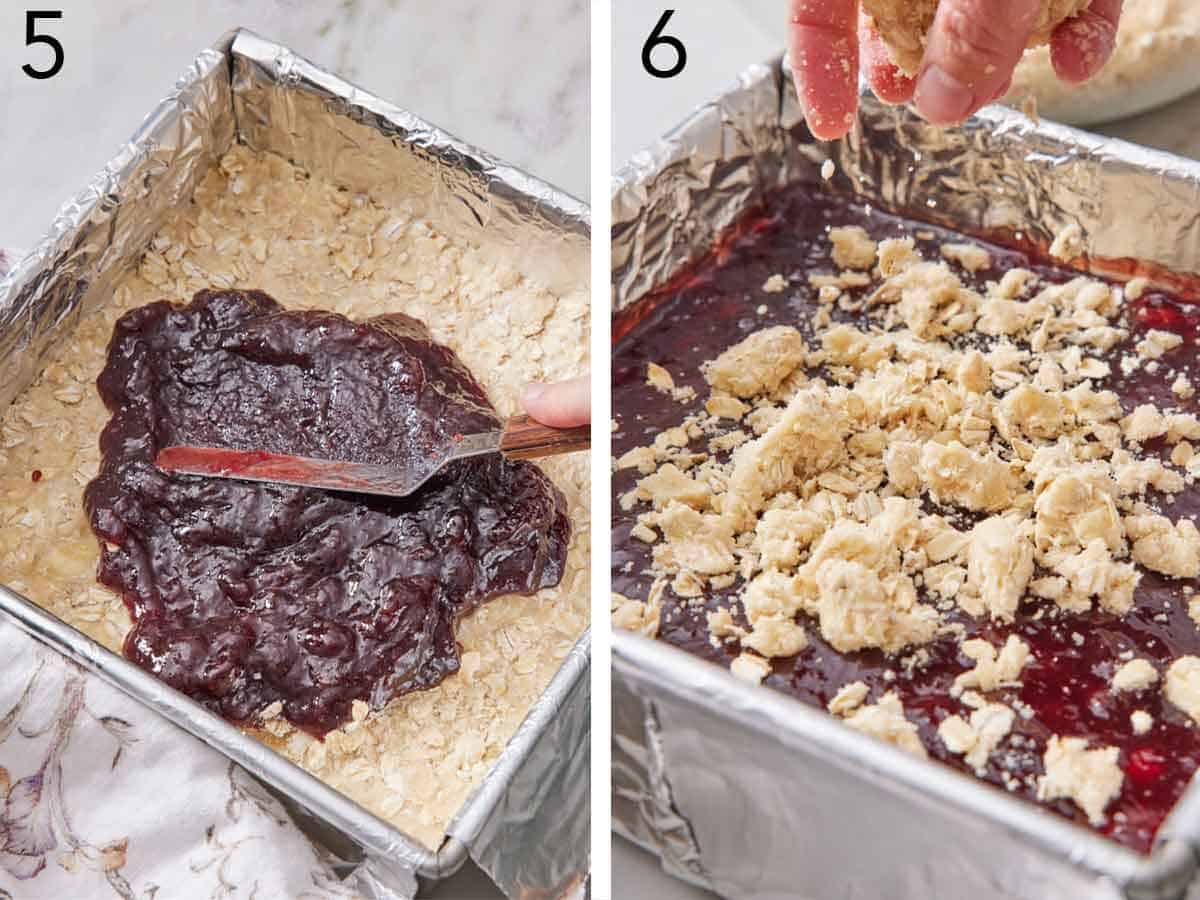 Set of two photos showing jam spread on to the mixture and oat streusel topping sprinkled on top.