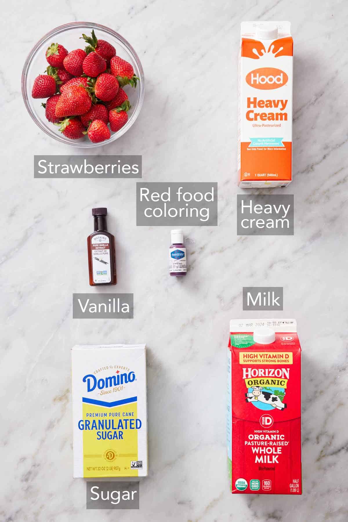 Ingredients needed to make strawberry ice cream.