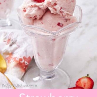 Pinterest graphic of a sundae glass with strawberry ice cream topped with cut a strawberry.