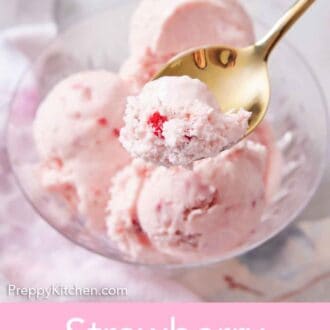 Pinterest graphic of a spoonful of strawberry ice cream lifted from a bowl.