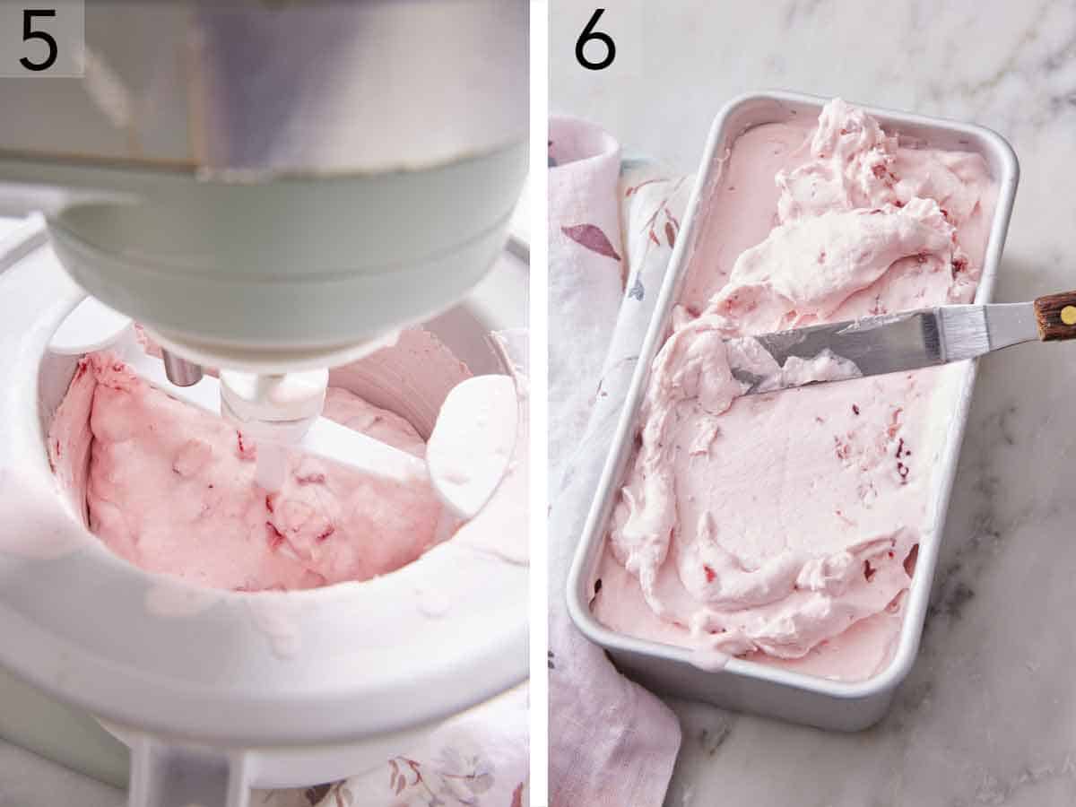 Set of two photos showing liquid added to an ice cream mixer then transferred to a rectangular container.