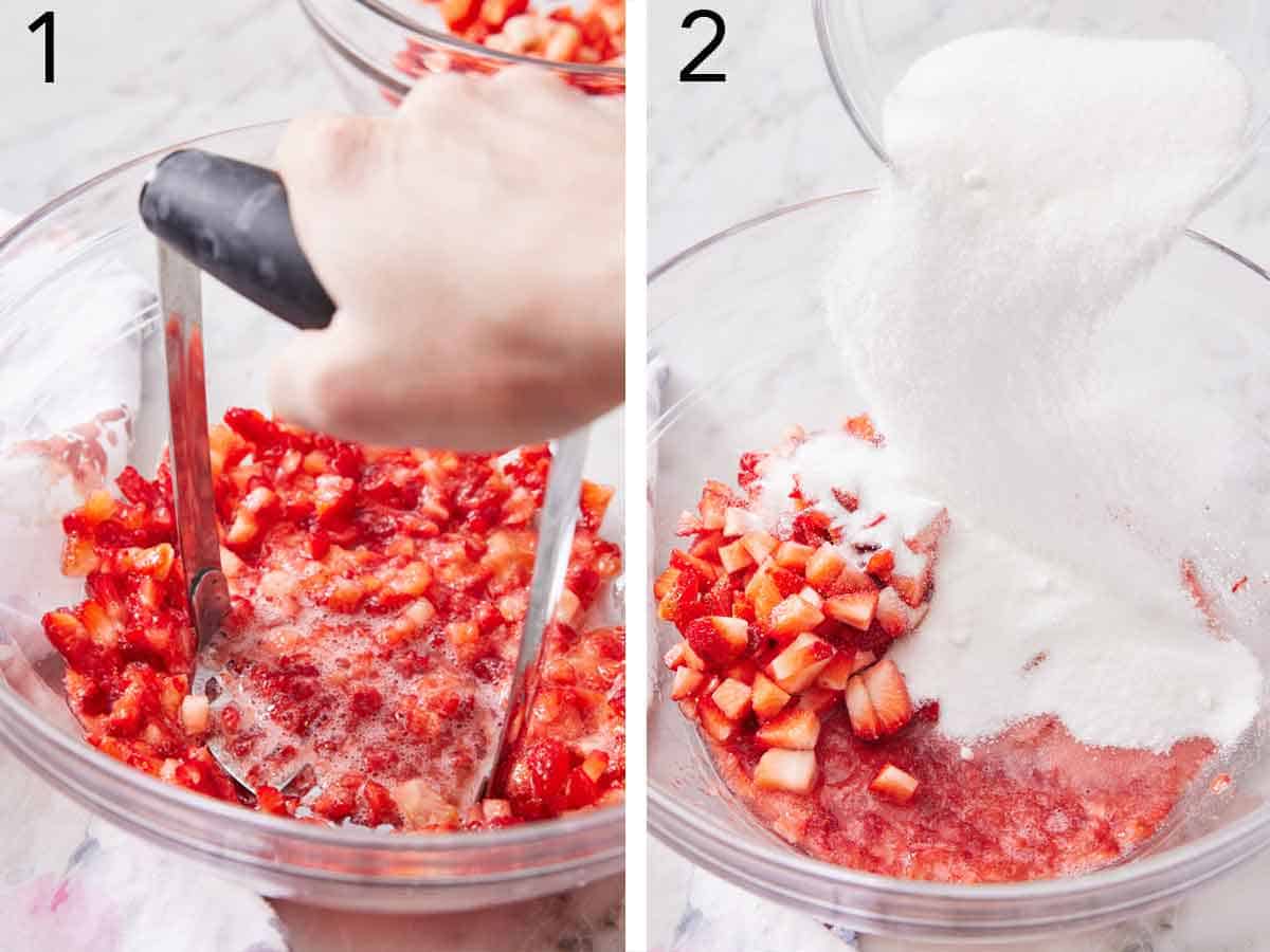 Set of two photos showing strawberries mashed with a potato masher and sugar added.