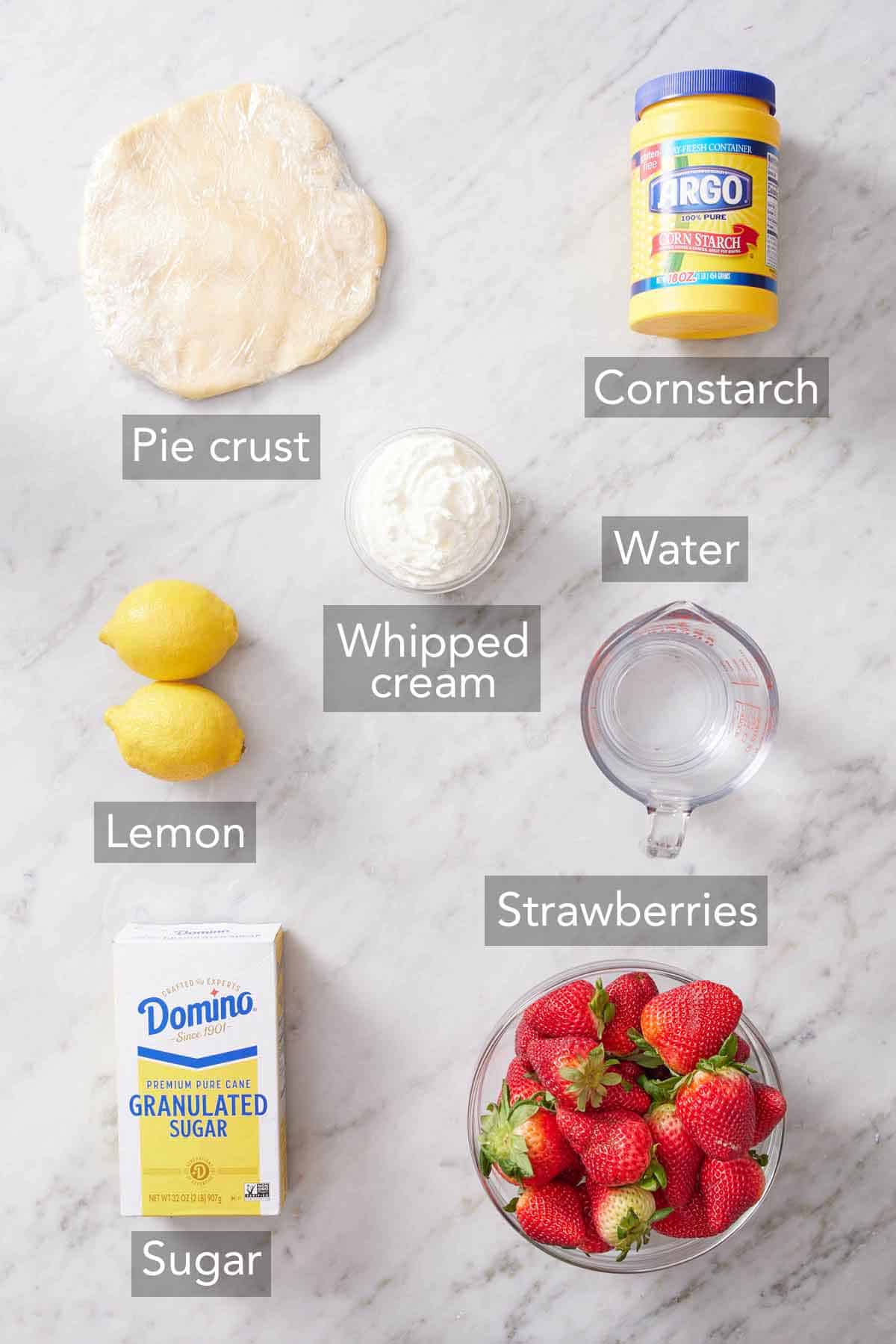 Ingredients needed to make strawberry pie.