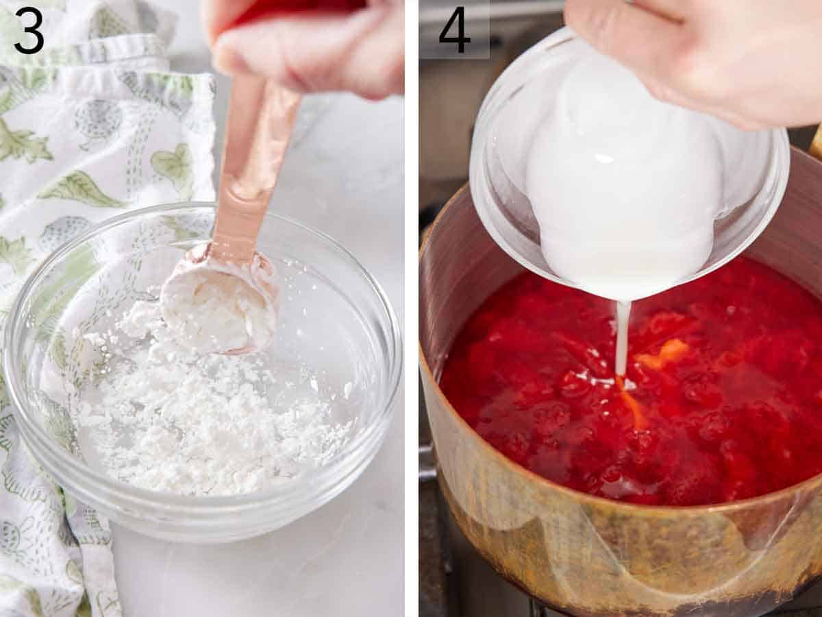 Set of two photos showing cornstarch slurry being made and added to the pot.