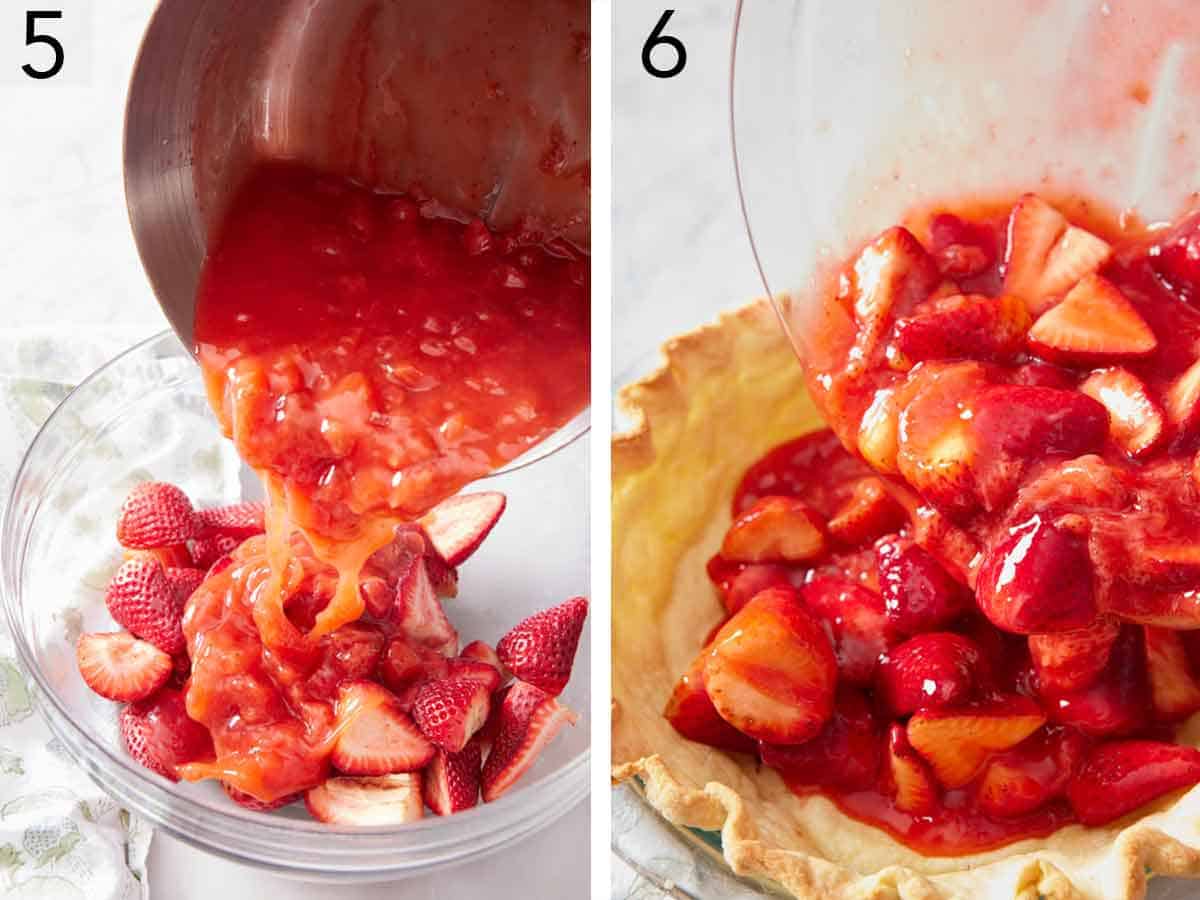 Set of two photos showing cooked strawberries added to more strawberries in a bowl and transferred to a pie crust.