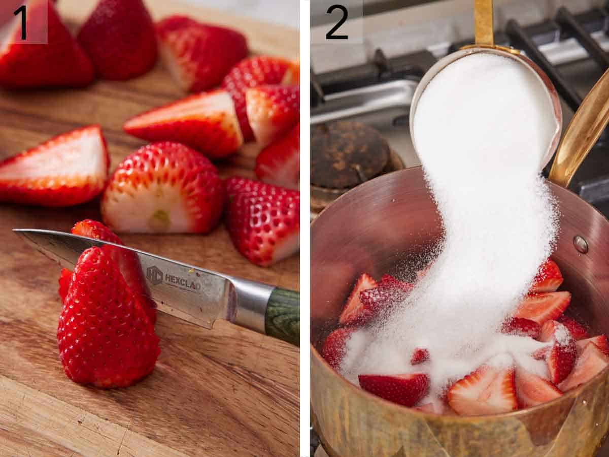 Set of two photos showing strawberries cut in half and then sugar added to them in a pot.