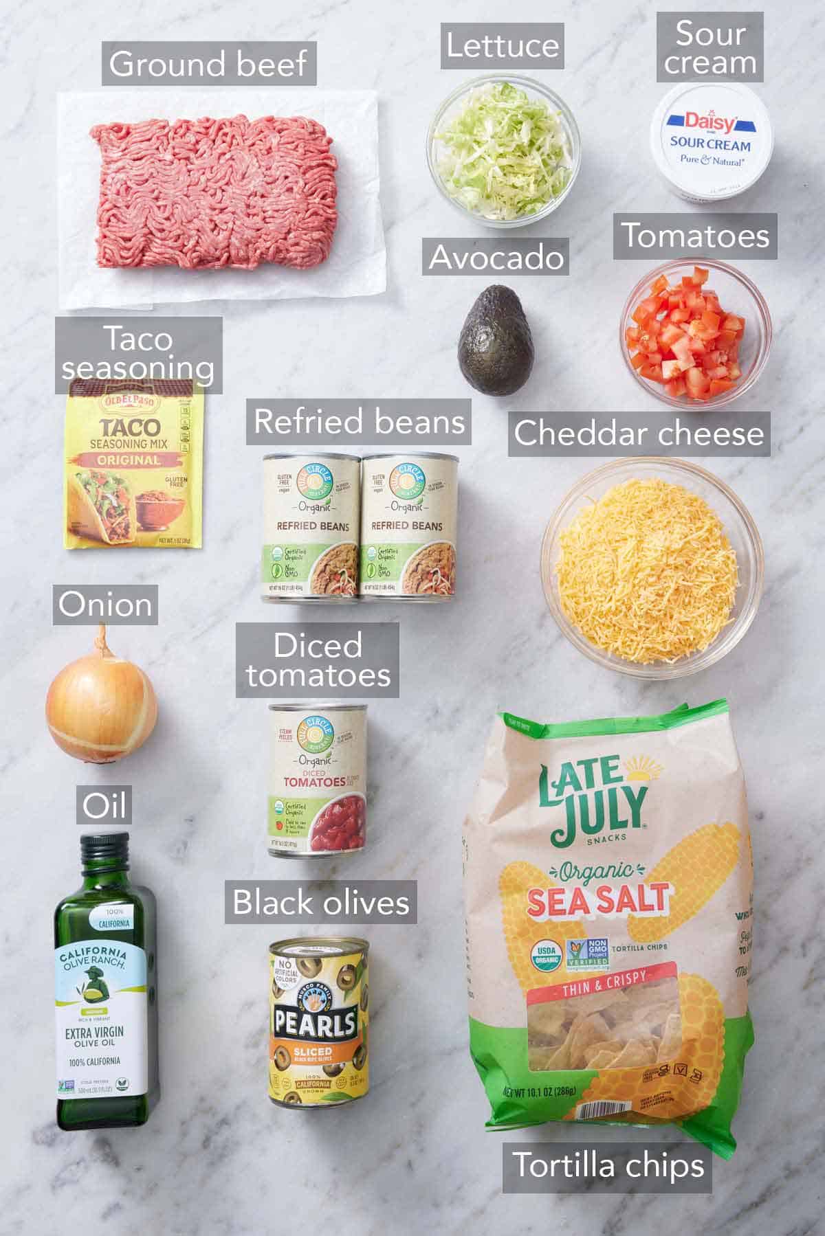 Ingredients needed to make a taco casserole.