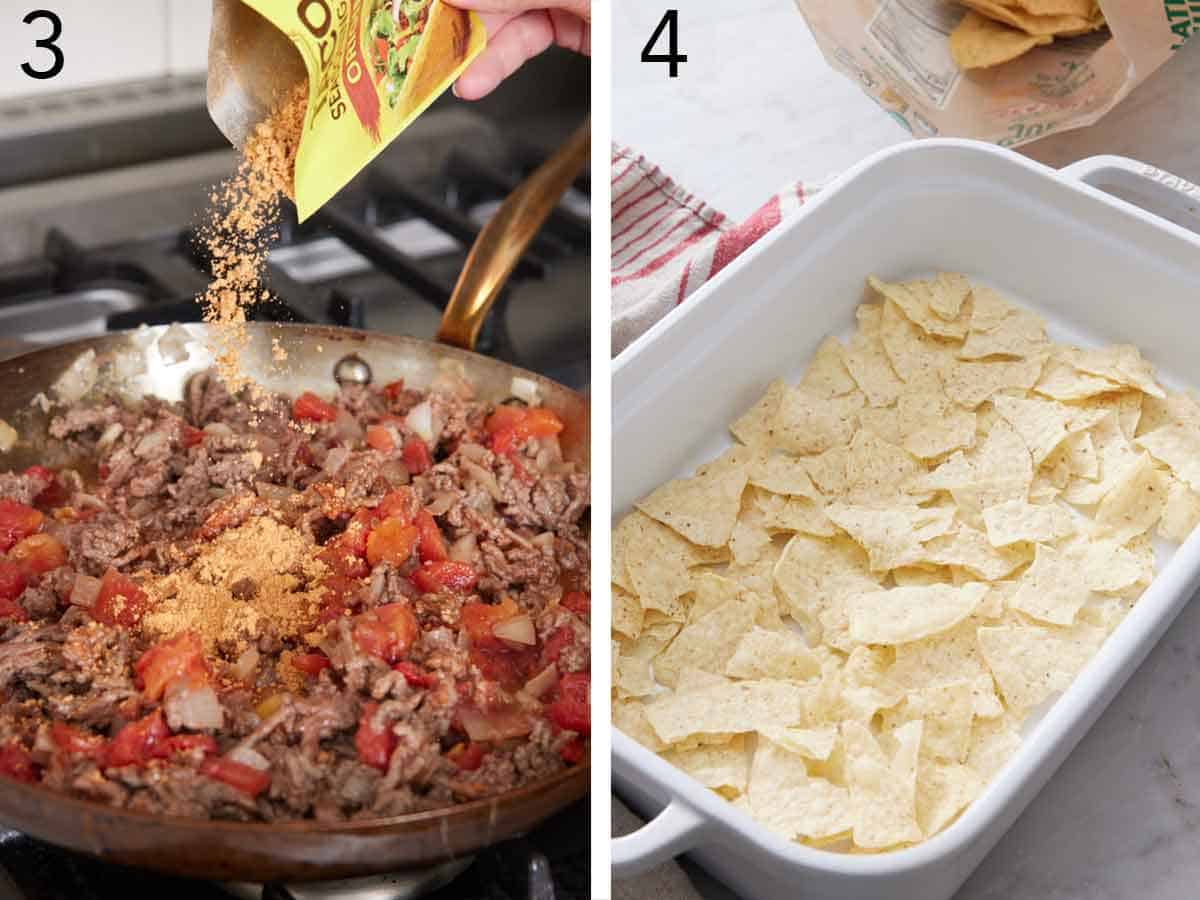 Set of two photos showing taco seasoning added to a skillet and tortilla chips added to a baking dish.
