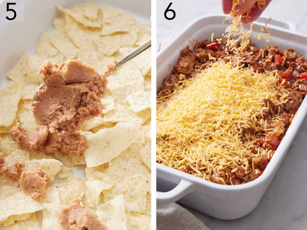 Set of two photos showing refried beans added to the tortilla chips and cheese added on top of the filling.
