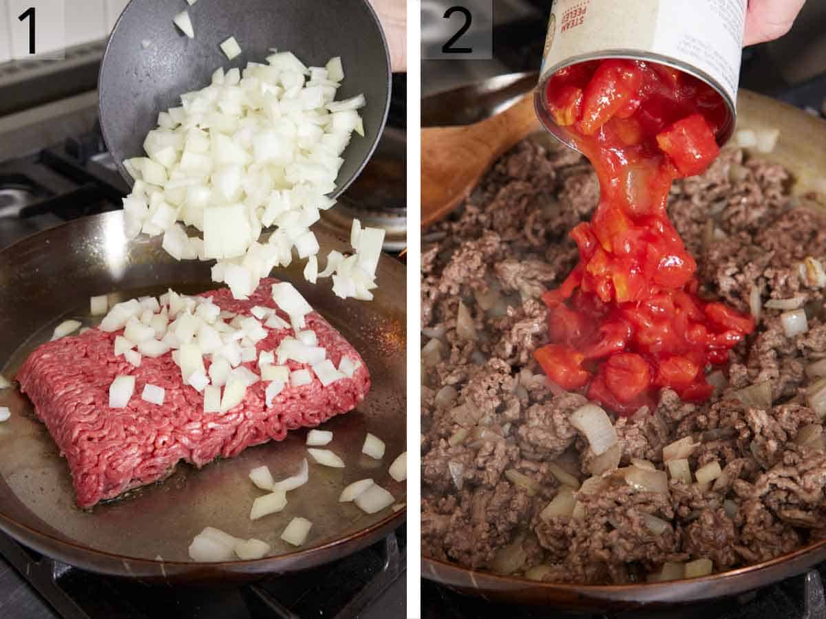 Set of two photos showing onions added to ground beef and diced tomatoes added once the beef is browned.