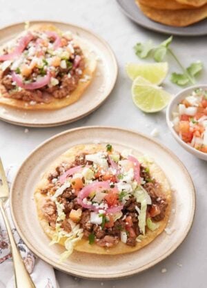 A plate with a tostada with a second plate in the background along with cut limes, cilantro, and a bowl of pico de gallo.