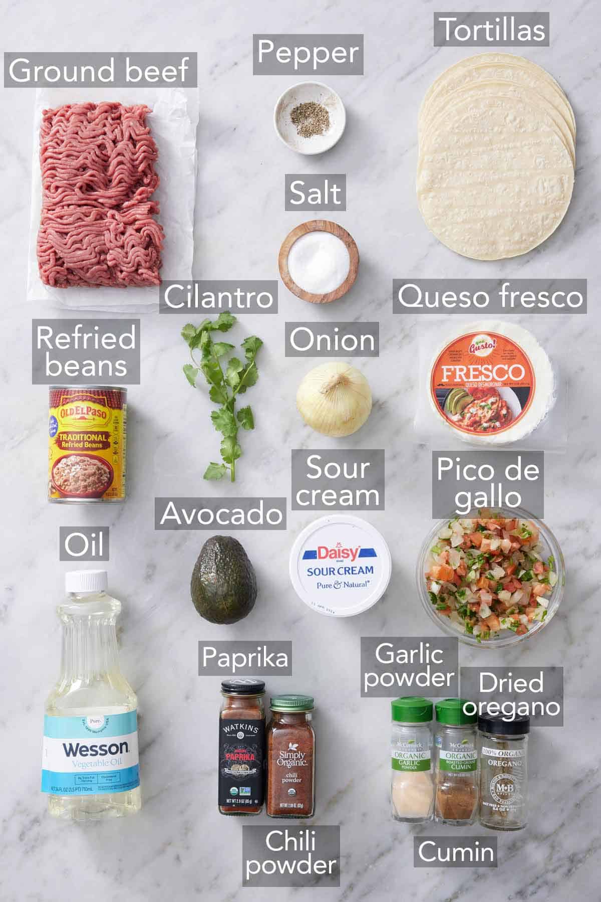 Ingredients needed to make a tostada recipe.
