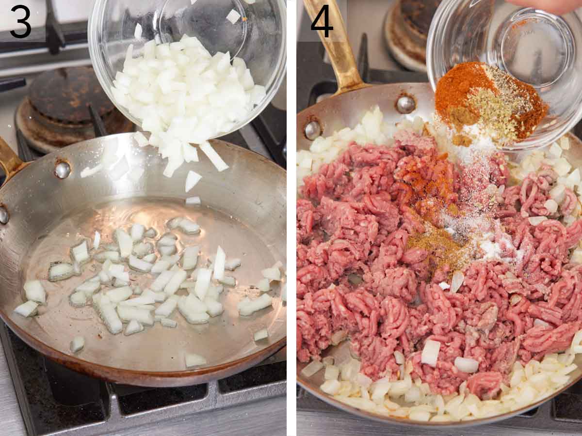Set of two photos showing onions, beef, and seasoning added to a skillet.