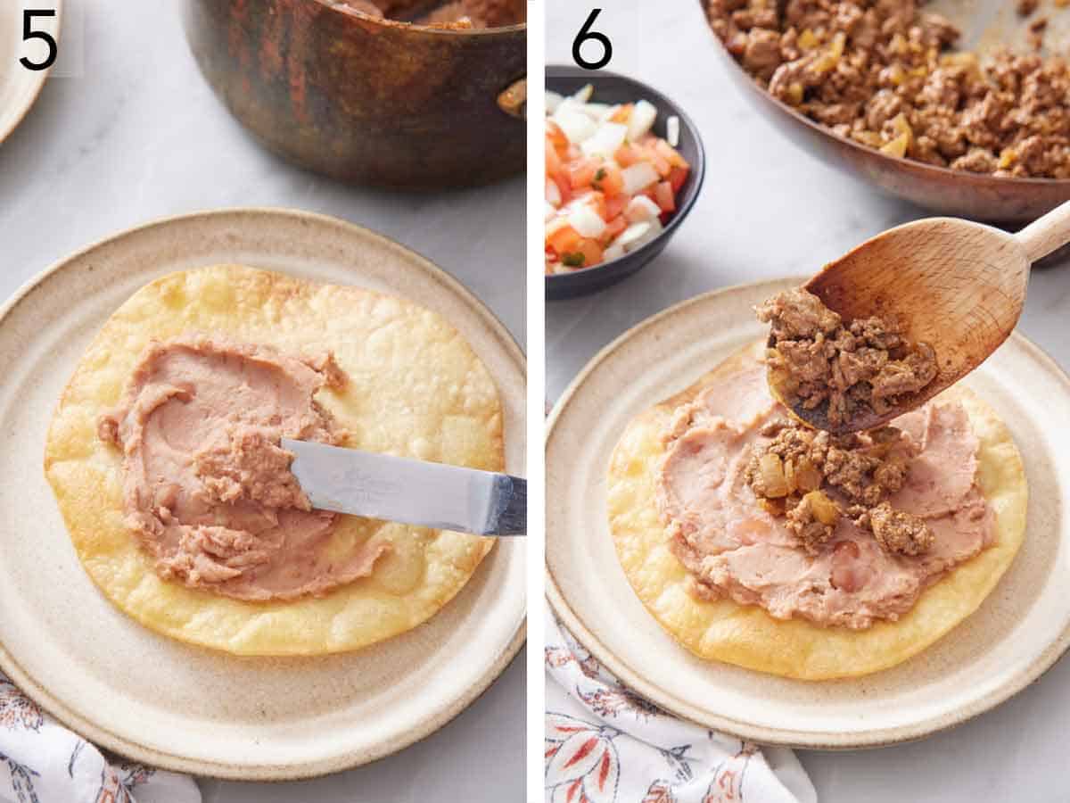 Set of two photos showing refried beans spread on a a fried tortilla then beef spooned on top.