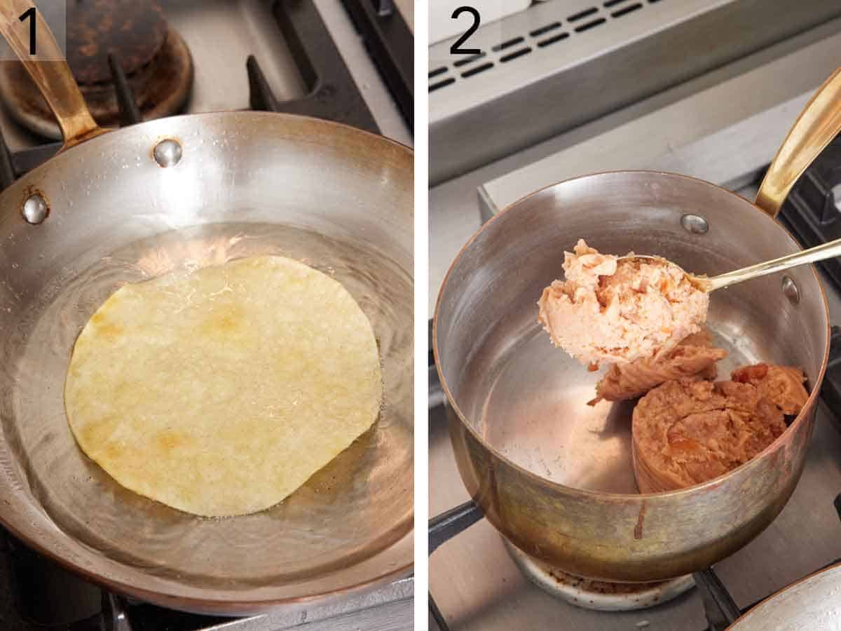 Set of two photos showing tortillas being fried and refried beans added to a pot.