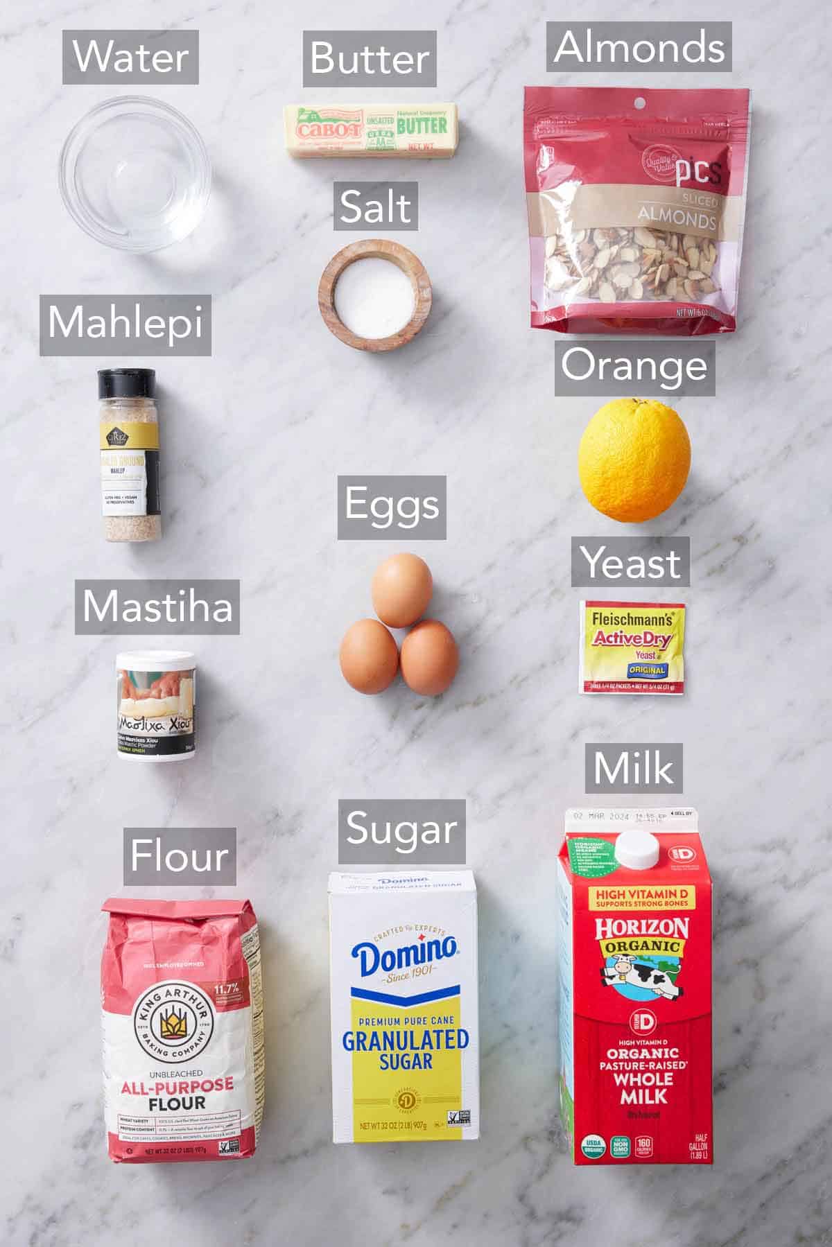 Ingredients to make tsoureki.