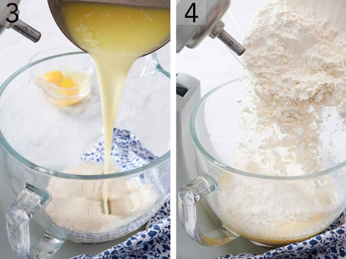 Set of two photos showing butter mixture and flour added to the yeast in the mixing bowl.