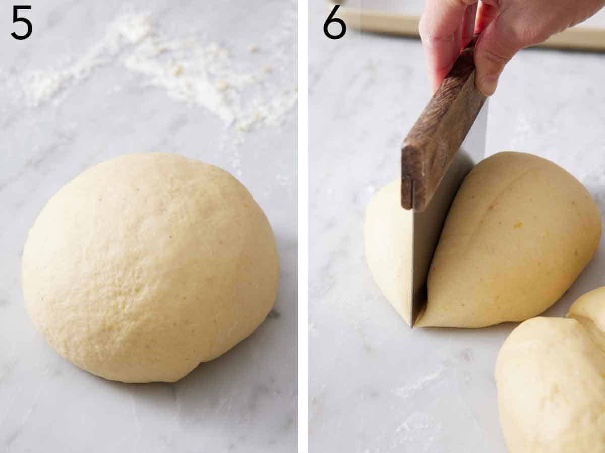 Set of two photos showing dough shaped into a ball then cut with a bench scraper.