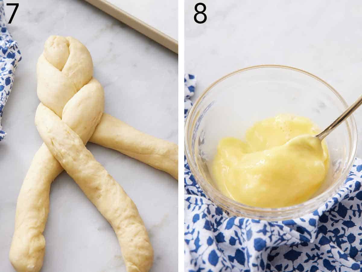 Set of two photos showing dough strand braided and egg mixed with milk in a bowl.